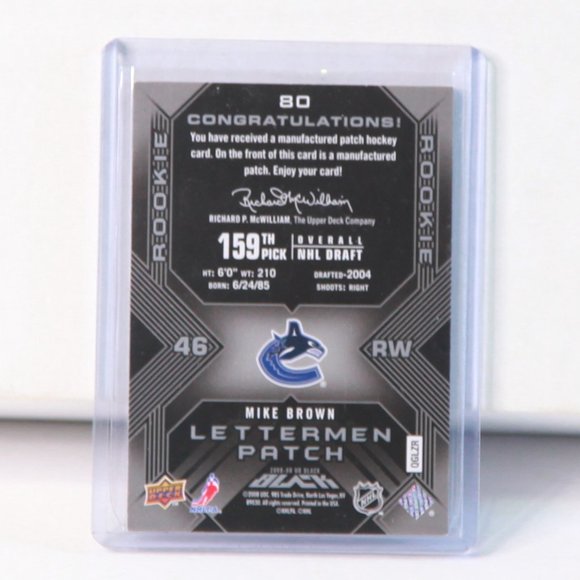 Mike Brown UD Black Lettermen Patch Hockey Card 2008/09 *Rookie Card* Canucks - Picture 2 of 2